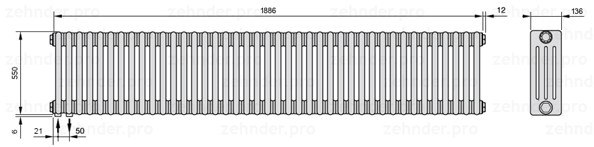 Схема (чертеж) Радиатор Zehnder Charleston 4055/41 №3370 Белый глянцевый RAL 9016
